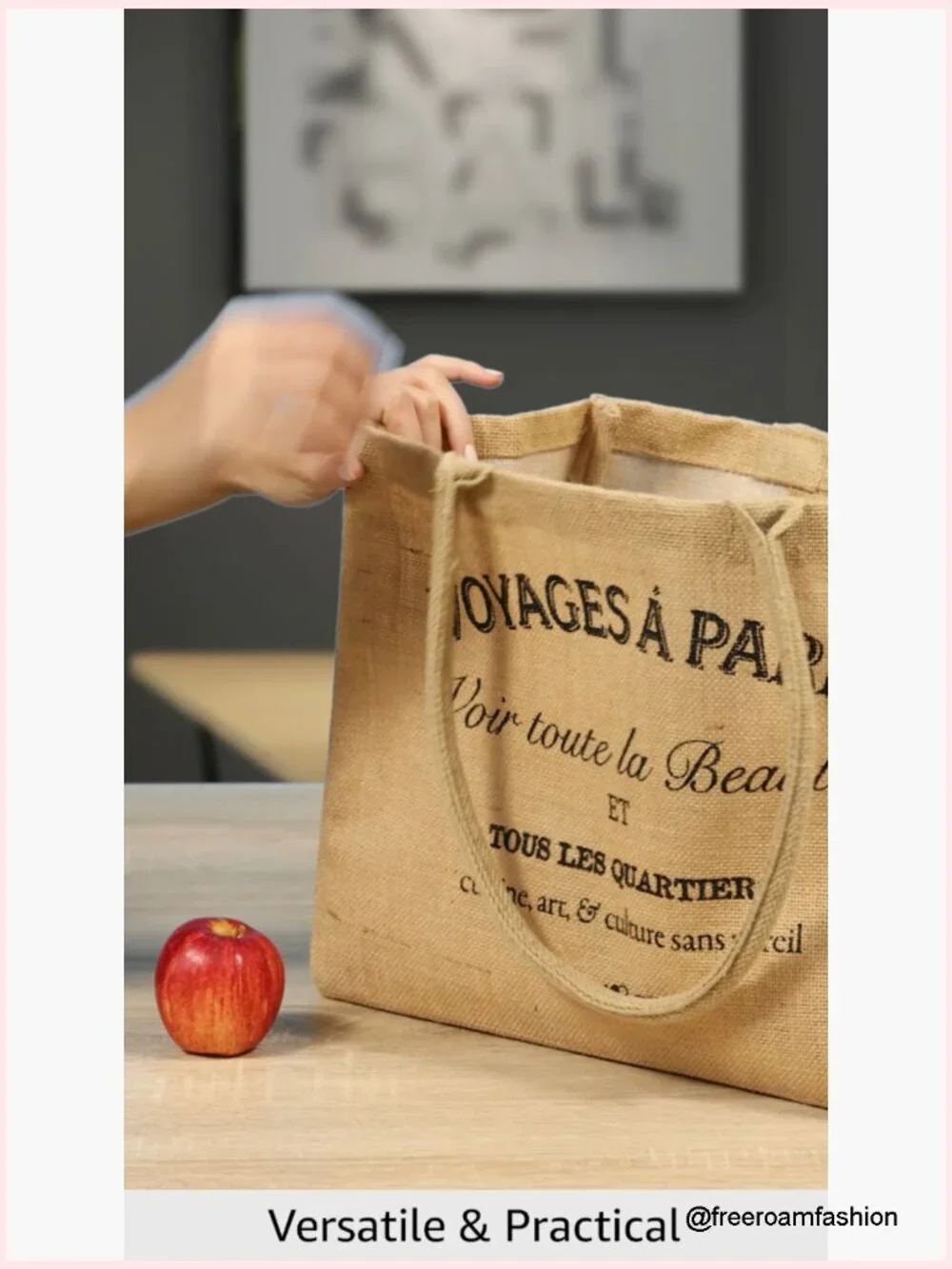 Jute Market Tote Bag with Zipper Pocket, Reusable Grocery Shopping Bag